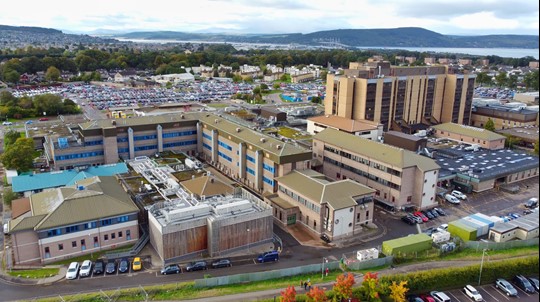 aerial view of Raigmore Hospital and Kessock Bridge