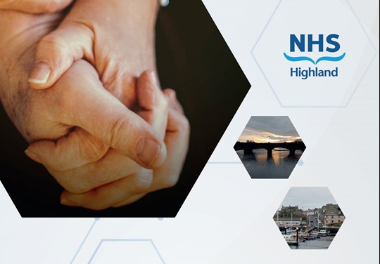 hands clasping, with scenic Caithness views and NHS Highland logo