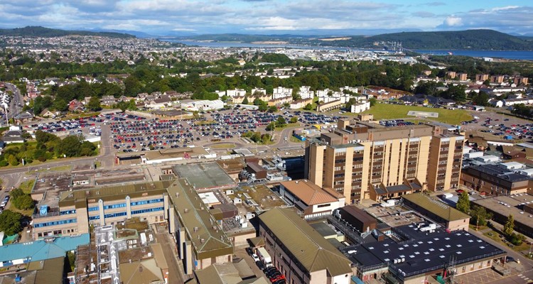 Raigmore Hospital aerial view with car park and Inverness