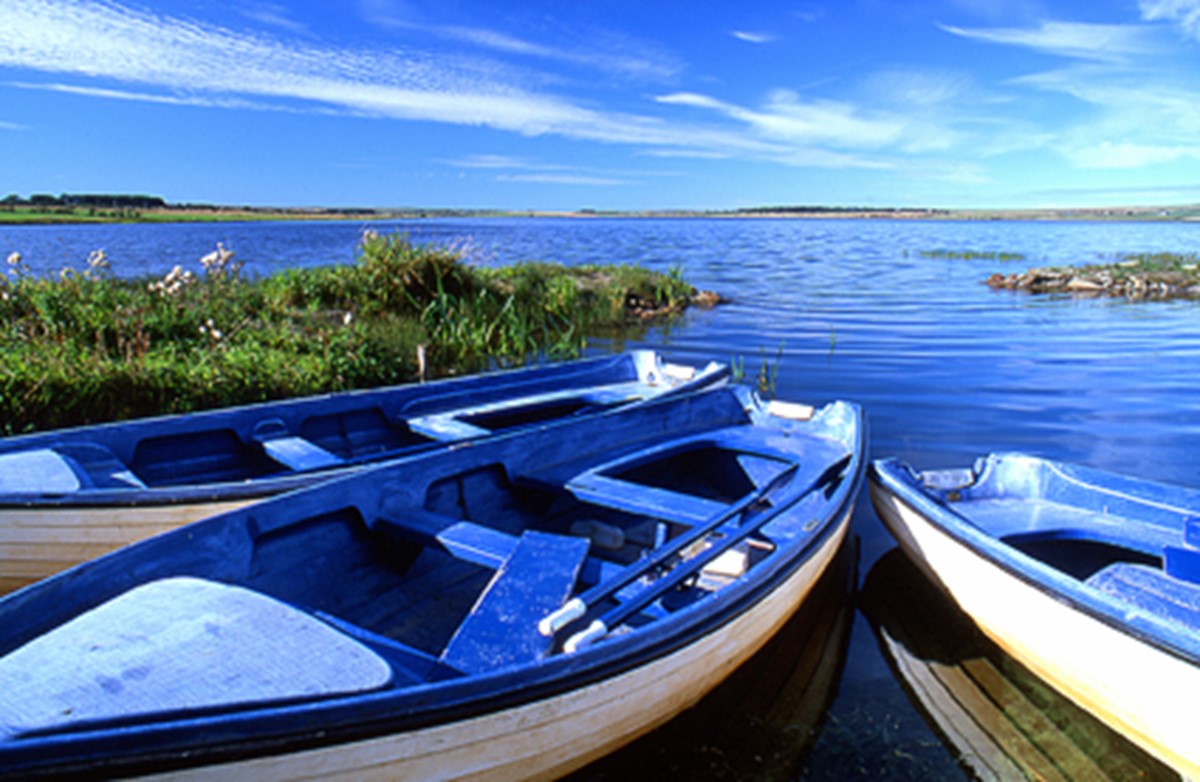 blue rowing boats by Loch Watten