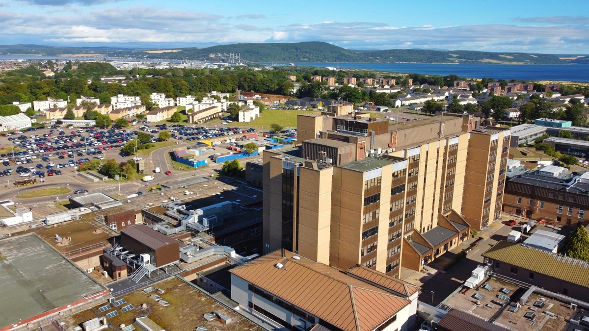 aerial view of Raigmore Hospital tall building