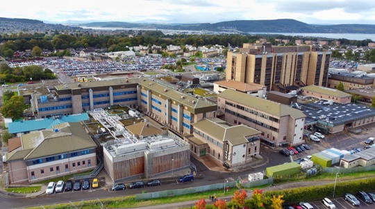 aerial view of Raigmore Hospital and Kessock Bridge