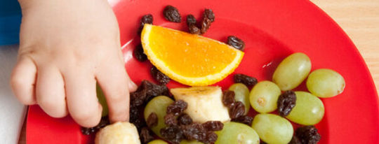 Child Hand In Bowl Of Fruit