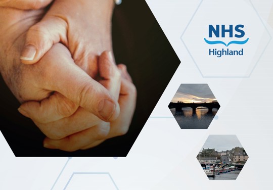 hands clasping, with scenic Caithness views and NHS Highland logo