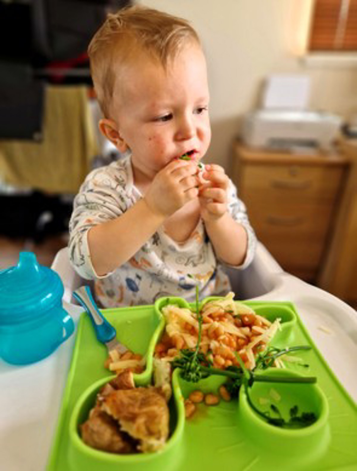 Baby In High Chair Eating Solid Food 1