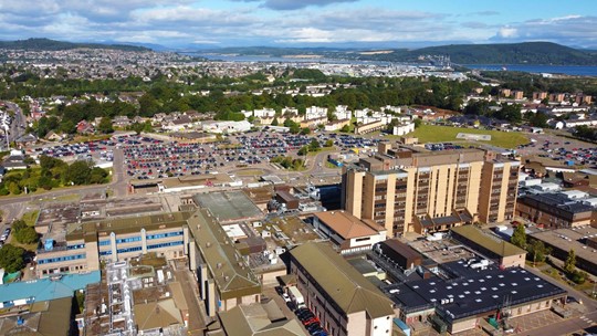 Raigmore Hospital aerial view with car park and Inverness