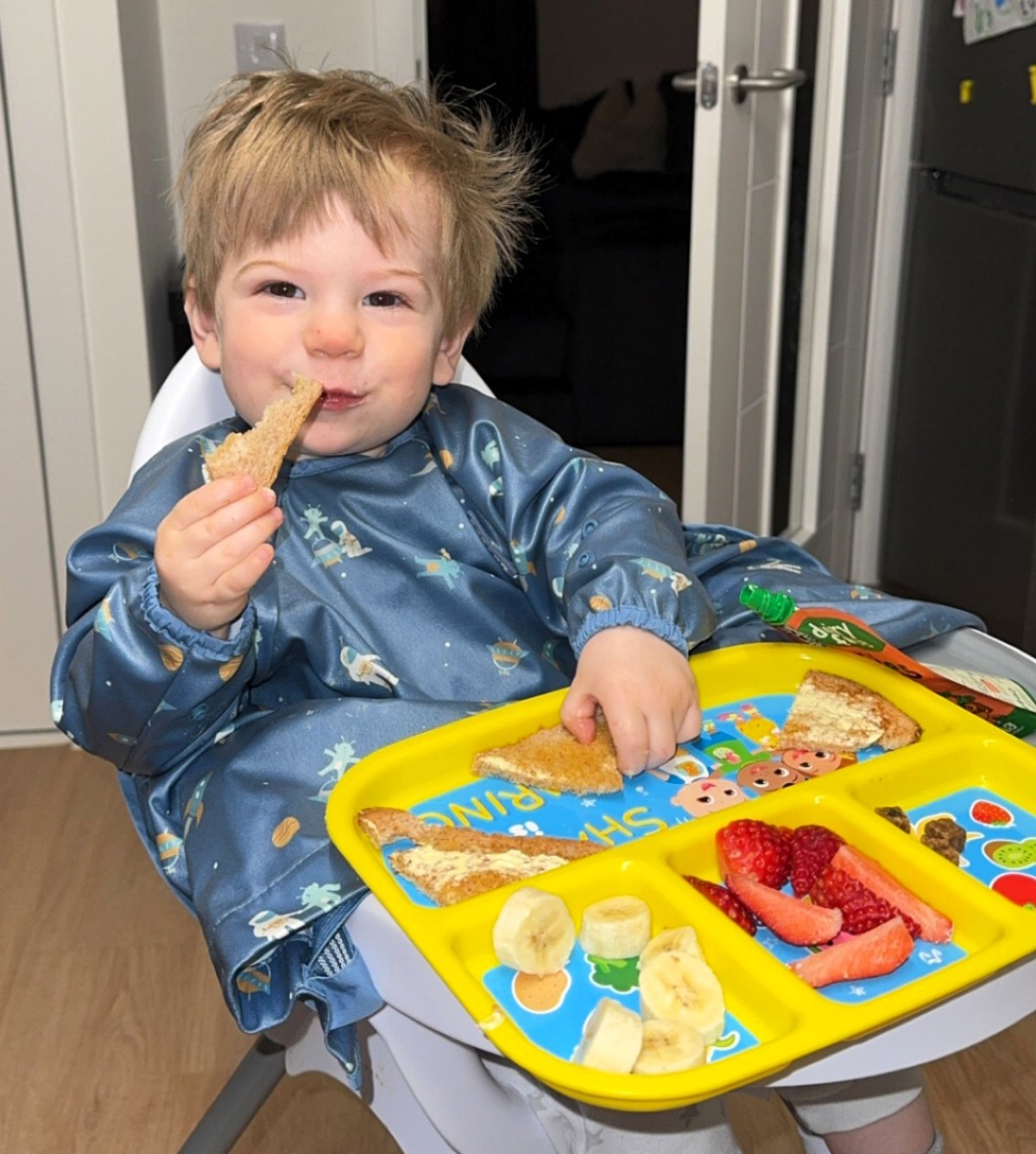 Young Child In High Chair Eating Solid Food